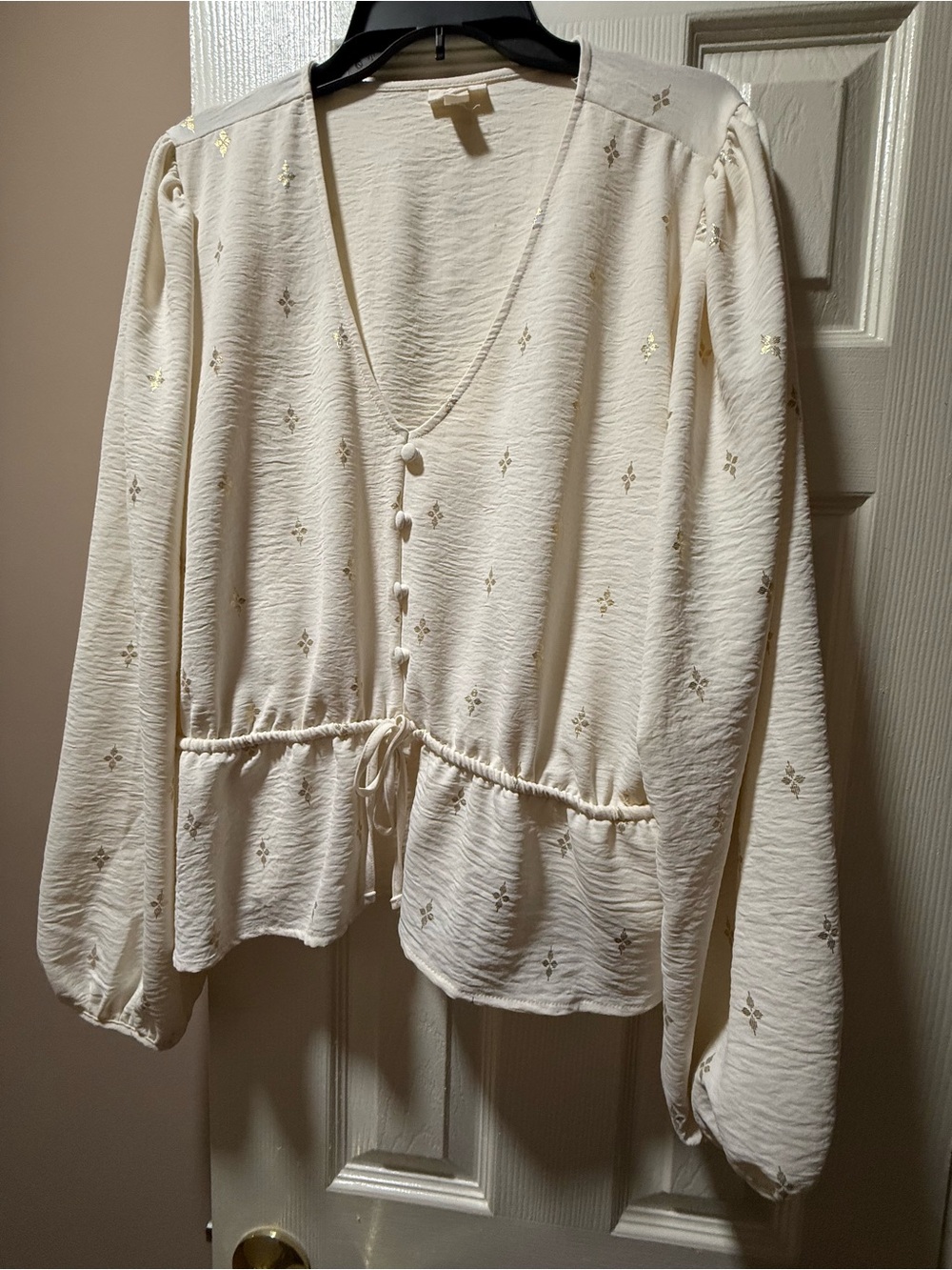 a.n.a Cream V-Neck Button Front Blouse with Drawstring Waist